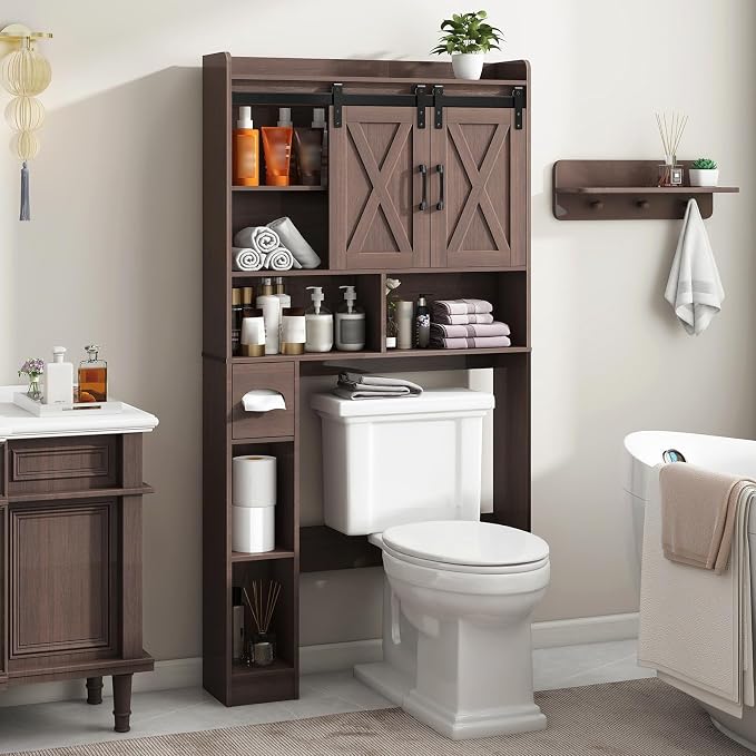 Vabches Over The Toilet Storage Cabinet, Farmhouse Storage Cabinet Over Toilet with Sliding Doors & Toilet Paper Holder Stand，Home Space-Saving Toilet Rack, for Bathroom, Laundry and Restroom