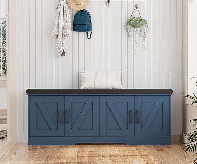 HOMSHO 2-Tier Storage Bench, 47.2" Wide Shoe Bench with Padded Seat Cushion, Entryway Bench with 4 Barn Doors and Adjustable Shelf, Blue