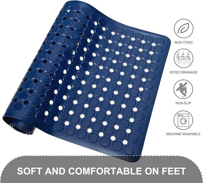 TEESHLY Bath Mat for Tub & Shower, Non Slip Soft Bathmat with Suction Cups & Drain Holes, Machine Washable Bathtub Floor Liner Mats for Bathroom, 35x16 Inch, Navy Blue