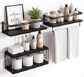 Fixwal Wall Mounted Bathroom Shelves Over Toilet, Rustic Wood Floating Shelves with Metal Frame and Towel Bar for Bathroom, Kitchen, Bedroom, Living Room (3 Plus 1 Black)