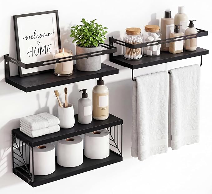 Fixwal Wall Mounted Bathroom Shelves Over Toilet, Rustic Wood Floating Shelves with Metal Frame and Towel Bar for Bathroom, Kitchen, Bedroom, Living Room (3 Plus 1 Black)
