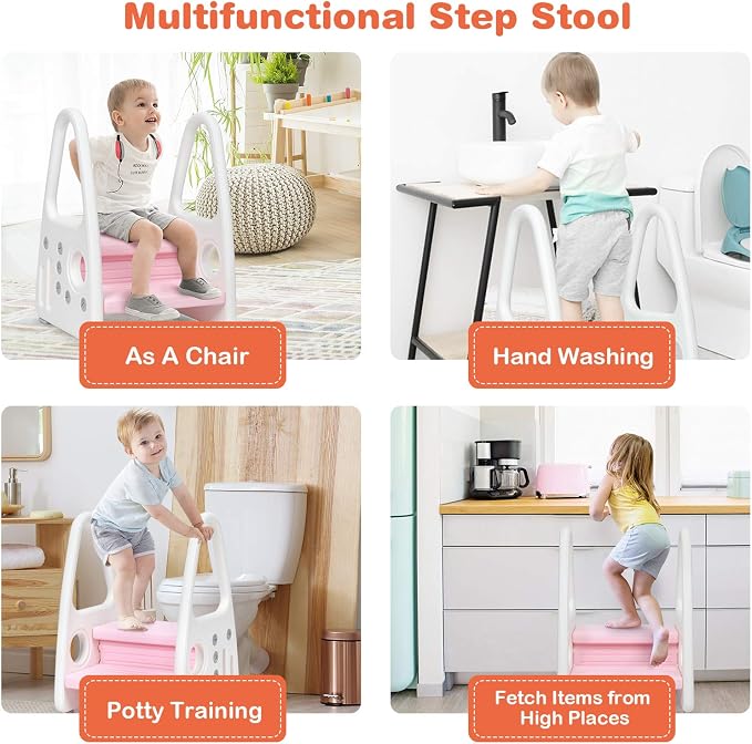 Costzon Kids Step Stool, Toddler Step Ladder for Toilet Potty Training, Kitchen Counter, Bathroom, Two Step Tower w/Non-Slip Design, Safety Handles, 110 Lbs Weight Capacity (Pink)
