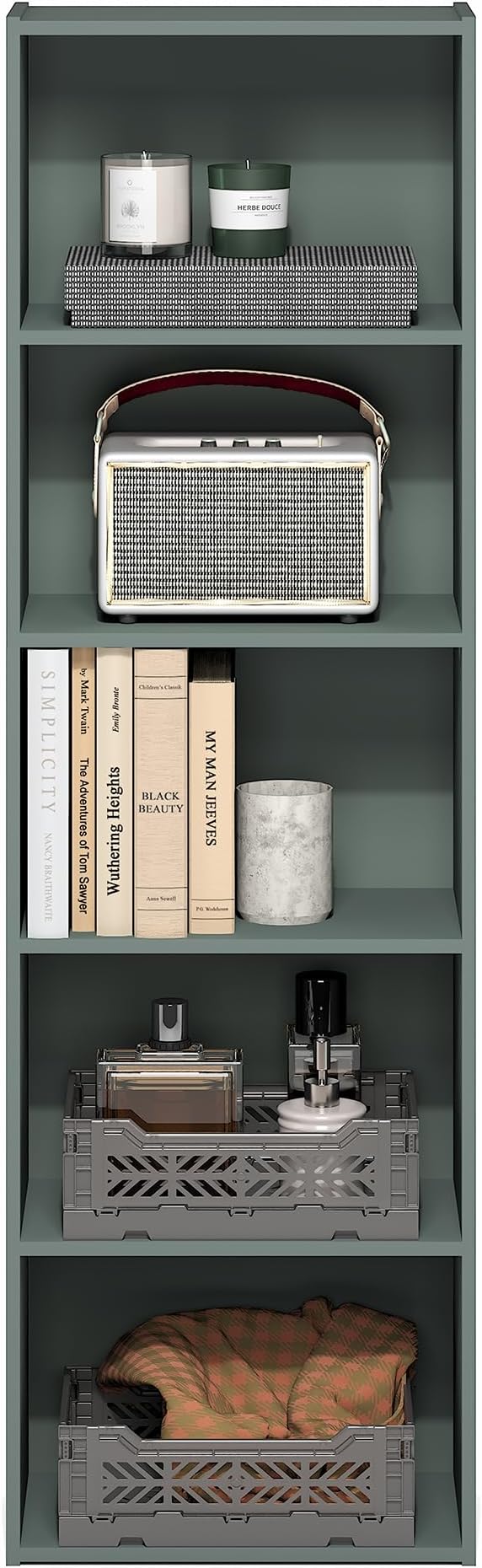 Furinno LUDER Book Shelf, 5-Tier Bookshelf, Bookcase with Open Shelves, 9.4 x 15.8 x 52, Easy Assembly, for Living Room, Bedroom, Home Office, Sage Green