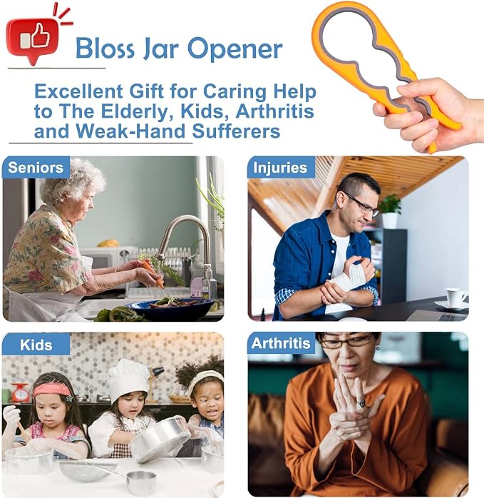 Jar Opener, Bloss Non Slip Jar Bottle Opener Jar Gripper for Weak Hands, Seniors With Arthritis and Children, 4 in 1 Multi-Function Colorful Can Opener Get Lids Off Easily, Orange