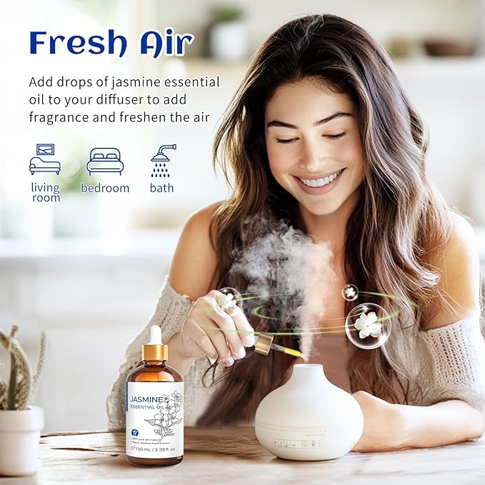 HIQILI Jasmine Essential Oil, Pure & Natural Jasmine Oil for Diffuser, Perfume, Shampoo, Aromatherapy-3.8 Fl Oz/100 ML