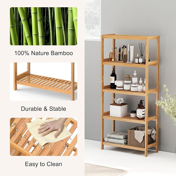kinbor 5-Tier Bamboo Bathroon Shelf - Multifunctional Bamboo Rack Storage Shelving Rack Utility Shelf for Bathroom Kitchen Living Room