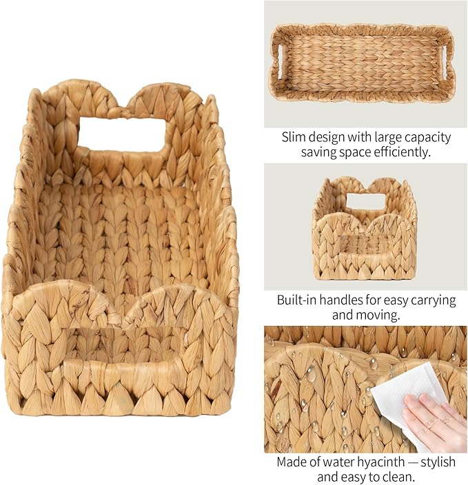 Coeusy Toilet Tank Basket for Bathroom,Scalloped Edge Wicker Basket for Toilet Paper Storage,Small Baskets for Countertop,Shelves,Living Room,Bedroom,Both Organizer&Decor,Natural Water Hyacinth