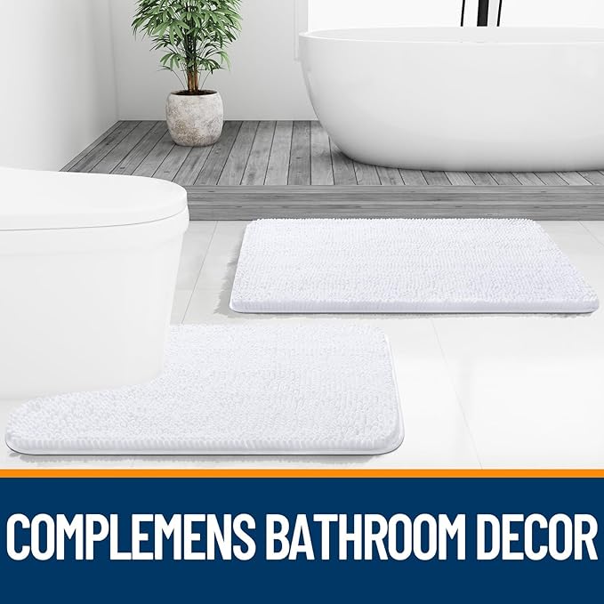 OLANLY Toilet Rugs U-Shaped 24x24, Extra Soft Absorbent Chenille Contour Bathroom Rugs for Toilet, Dry Quickly, Machine Washable, Non-Slip Bath Mat, White