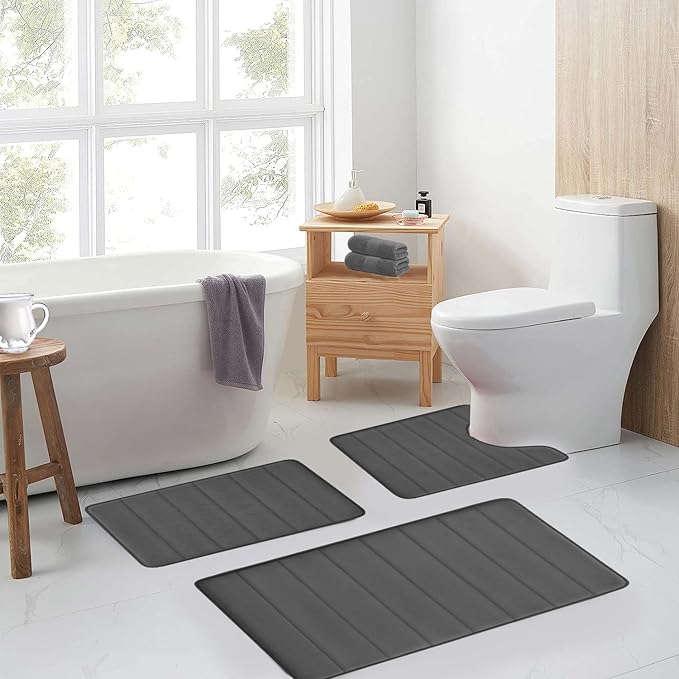 RUN HELIX Grey Bathroom Rugs, Ultra Absorbent Non-Slip Memory Foam Bath Rugs, Washable Bedroom mats,Soft Velvet Bath Mats,Easier to Dry for Bathroom Floor Rugs