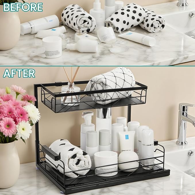 Pull Out Under Sink Organizer, 2 Tier Under Sink Storage with Suction Cups, PVC Mat, Sliding Drawer, Metal Cleaning Supplies Shelf Cabinet Organizer for Kitchen, Laundry, Pantry, Bathroom