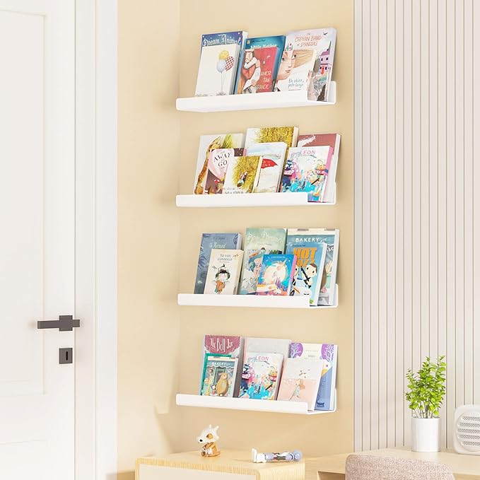 upsimples Acrylic Shelves for Wall Decor, 15" Display Shelf Perfume Organizer for Bathroom, Bedroom, Living Room, Floating Bookshelves for Kids, White, 4 Pack