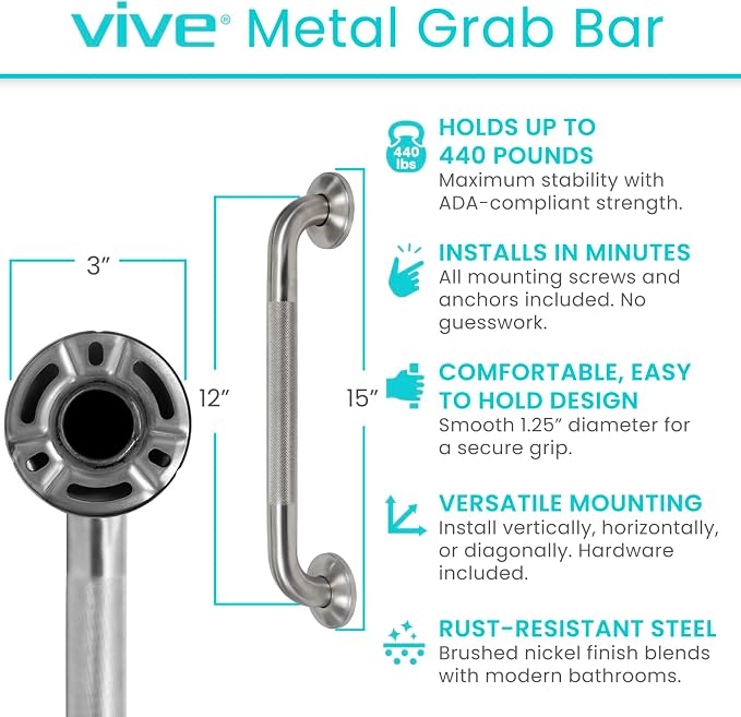 Vive Shower Bars for Elderly - Grab Bar Bathroom Antislip Handrail for Seniors, Elderly Assistance Product, Heavy Duty Shower Handles, Handicap, Stainless Steel, Multipurpose, 440 lbs
