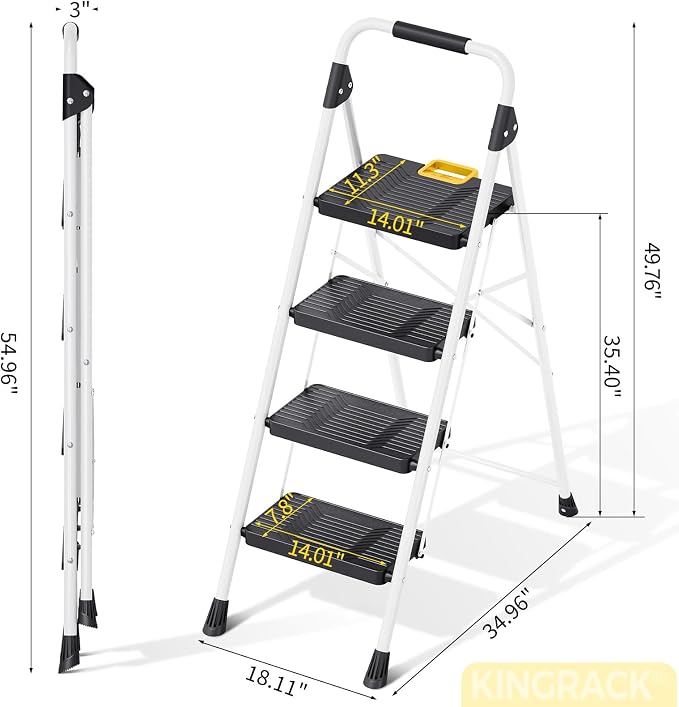 KINGRACK 4 Step Folding Ladder, 800lbs Capacity Step Stool with Safety Lock, Non-Skid Wide Pedals, and Handrail, Lightweight, Household Ladder for Home, Kitchen, Pantry, Closets, and Office Use, White