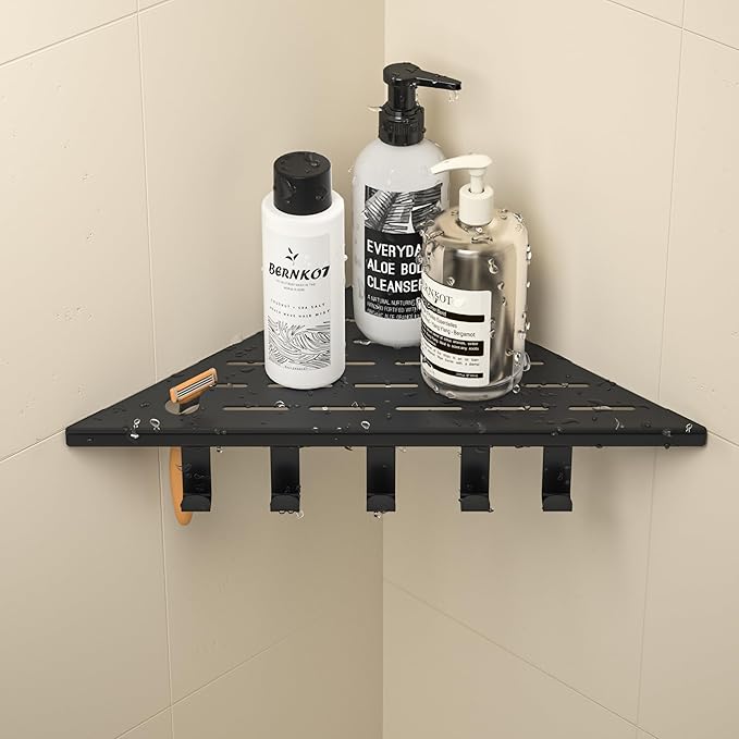 Corner Shower Shelf w/Hooks, Grout in Bathroom Shelves for Tiled Wall, 304 Stainless Steel Recessed Shower Shelf (Matte Black, 12''-1pc)