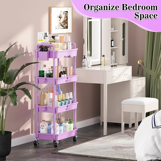 SUNALLY 4 Tier Rolling Cart Organizer with Drawer, Bathroom Storage Carts with Wheels & Plastic Shelf, Mobile Storage Organizers for Kitchen, Office, Laundry Room, Baby, Snack, Craft, Makeup, Purple