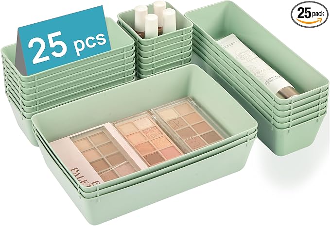 Vtopmart 25 PCS Plastic Drawer Organizers Set, 4-Size Versatile Bathroom and Vanity Drawer Organizer Trays, Storage Bins for Makeup, Bedroom, Kitchen Gadgets Utensils and Office