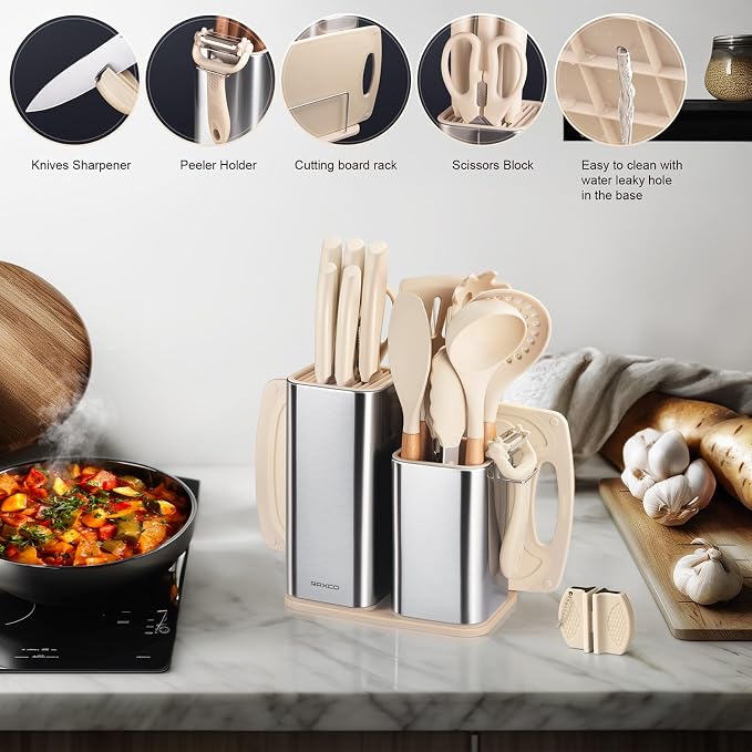 RAXCO Cooking Utensils Set,18-Piece Kitchen Utensils and Knife Set,Khiki | Food-grade Silicone Utensils Heat-resistant to 410°F,5-Piece Stainless Steel Kitchen Knife with Sharpener and Cutting Board