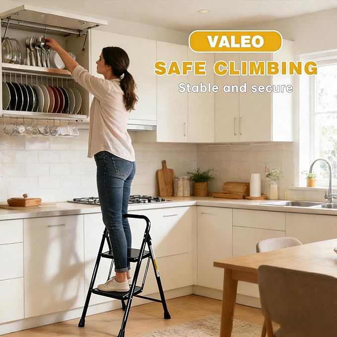 Valeo 2 Step Ladder, Step Stool with Wide Anti-Slip Pedal, 330 lbs Capacity,Step Ladder Folding Step Stool for Adults, Lightweight Steel Portable ladders for Home Kitchen & Office,Black