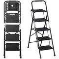 ZENY 4 Step Ladder, Folding Step Stool for Adults, Portable Steel Ladder with Tool Platform, Wide Anti-Slip Pedal, Safety Locking, Lightweight (Black)