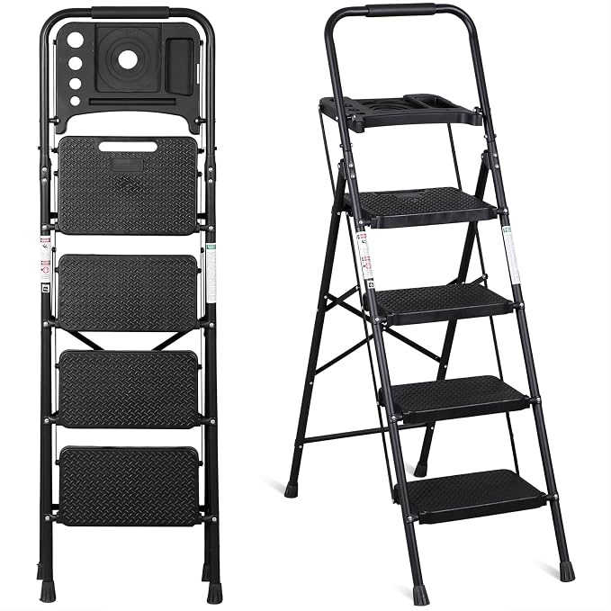 ZENY 4 Step Ladder, Folding Step Stool for Adults, Portable Steel Ladder with Tool Platform, Wide Anti-Slip Pedal, Safety Locking, Lightweight (Black)