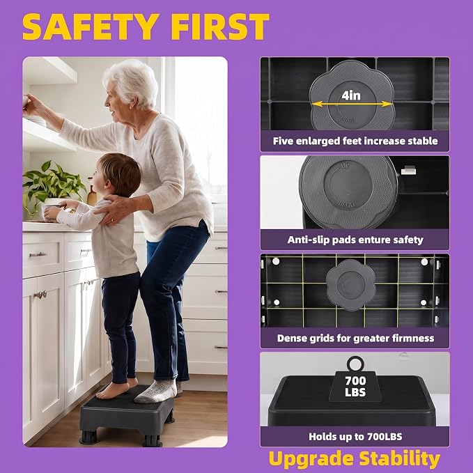 Adjustable Step Stool, 700 LBS Capacity Safety Bed Step for Seniors, Exercise Setp Platform, Portable Stair Assist for Elderly, Wide Step up for Kitchen, Car, Bedside & Shower, Black