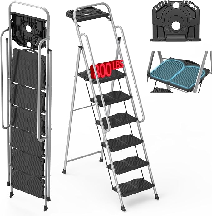 6 Step Foldable Step Ladder Stool with Roomy Tool Tray and Secure Handrail, Foldable Platform Ladder 6 Step Folding Stepstools with Wide Pedals and 800lbs Weight Capacity for Adults, Home, Kitchen