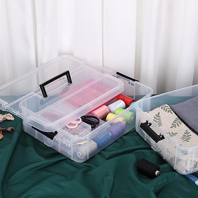 JUXYES 2-Tiers Stack Carry Storage Box With Handle, Transparent Stackable Storage Bin With Handle Lid Latching Storage Container for School & Office Supplies