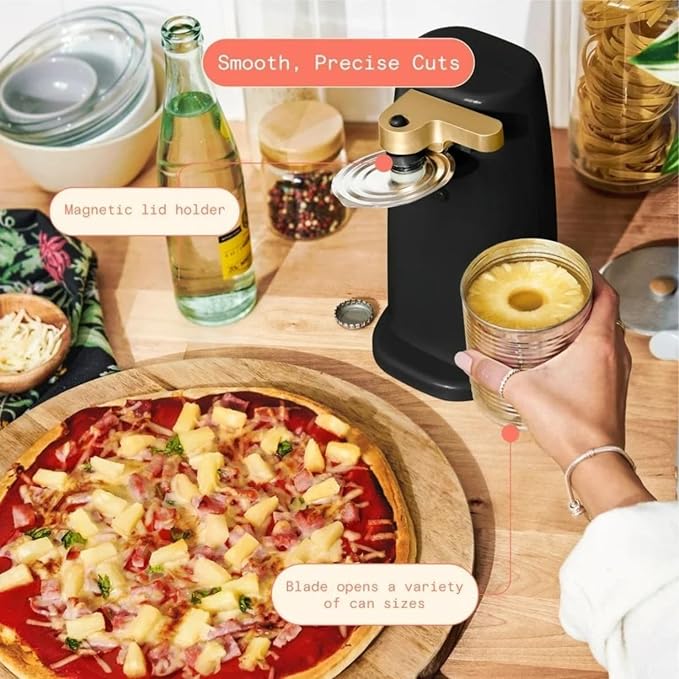 Bayfalcon LLC Electric Can Opener with One-Touch Operation, Smooth Rotation, Built-In Lid Magnet, Compact Countertop Design, Easy-Prep Kitchen Tool in White and Gold Finish (Black Sesame)