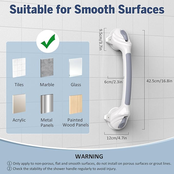 Roylvan Grab Bars for Bathtub and Shower, 1 Pack Shower Handle with Strong Suction Cups, 16.8 Inch Bathroom Grab Bars for Seniors, Removable Shower Safety Handrail for Elderly, Drill Free, Waterproof