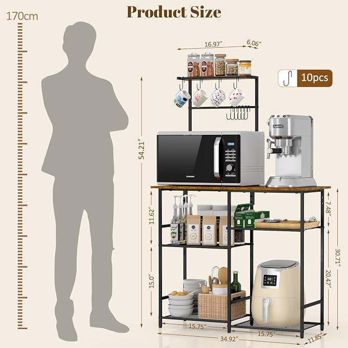 3IngSeagulls Baker's Rack for Kitchen with Storage, Microwave Stand with Adjustable Shelves and 10 S Hooks, 6-Tier Coffee Bar Station, Kitchen Shelves for Spices, Pots, Rustic Brown