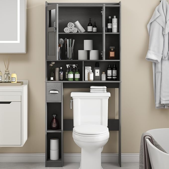 Vabches Over The Toilet Storage Cabinet, Bathroom Shelf Over Toilet with Glass Doors and Adjustable Shelves, Natural Grey Freestanding Home Space Save Toilet Rack, for Restroom, Bathroom, Laundry