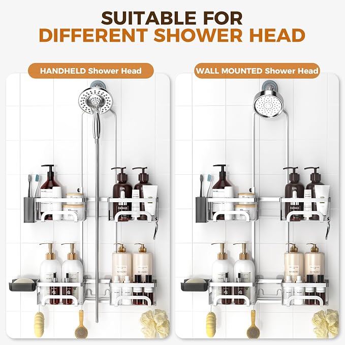 REINHARDT Adjustable Shower Caddy Hanging Split Shower Caddy for Handheld Showerheads, Rustproof Shower Organizer with Hooks for Razor Over the Head Caddy with Soap Holder Bathroom Accessories, Silver