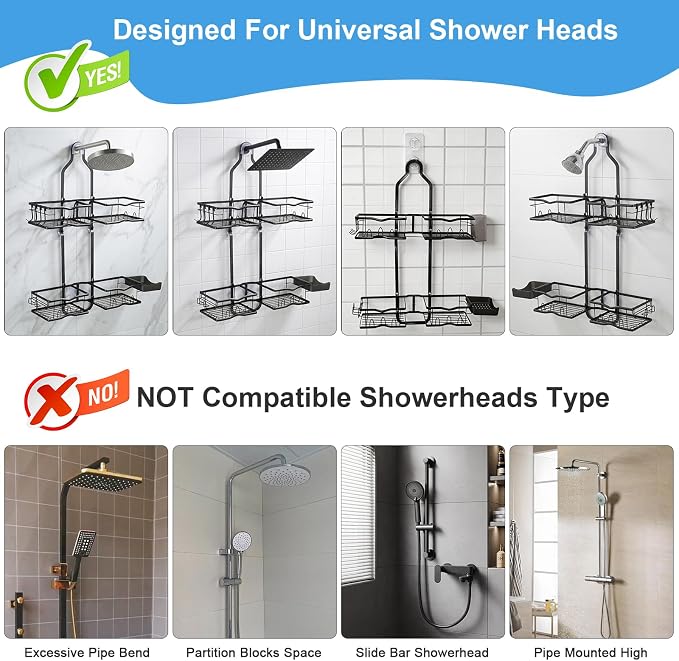 Shower Caddy Hanging Organizer, Rustproof Shower Organizer Hanging for Handheld Showerhead with Hooks for Razor/Sponge, Bathroom Caddy Rack Shower Shelves for Shampoo Soap Towels, Black
