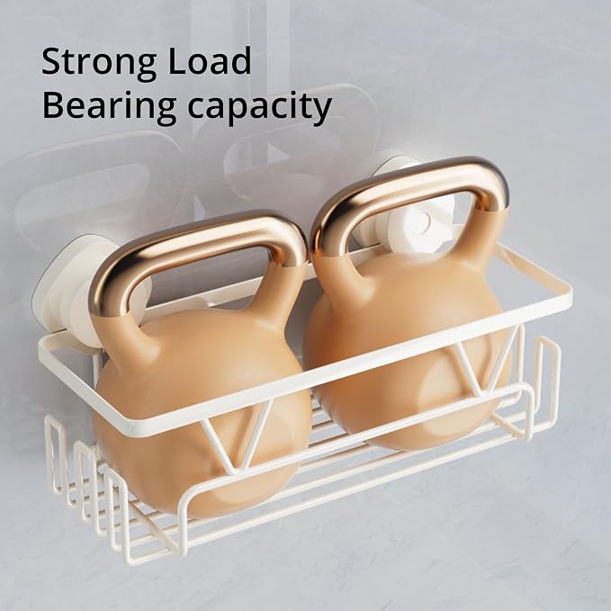 KEGII Shower Caddy Suction Cup – 3 Pack Suction Bathroom Organizer Shelf with Soap Holder & Hooks, Rustproof Removable Shower Organizer for Shampoo, Metal Bathroom Storage Rack, Cream White