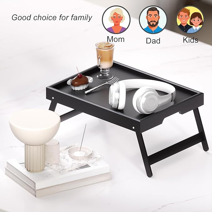 Fibogollo 4 Pack Bamboo Bed Tray Table with Folding Legs,Breakfast Trays,Serving Tray,Laptop Trays for Working,Food Snack Tray for Bed and Sofa(Black)