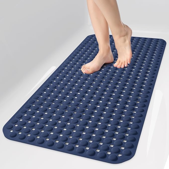 OTHWAY Bath Tub Shower Mat Non Slip, Bathtub Floor Liner Mats for Inside Shower Bathroom, Suction Cups and Drain Holes for Feet Scrubbing, Machine Washable, Soft on Feet, 35x16 Inch, Navy Blue
