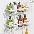 White Shower Caddy Organizer, 2 Pack Adhesive Shampoo Holder Basket Shelves for Storage and Organization, Wall Suction Bath Bathtub Rack Set for RV Camper, Bathroom Restroom Decor and Accessories
