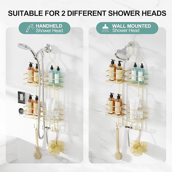 SRIWATANA Shower Caddy Hanging, Bathroom Organizer, No Drilling Shelves Over Shower Head, Bath Rack Holder with Hooks for Razors and Sponge - Gold