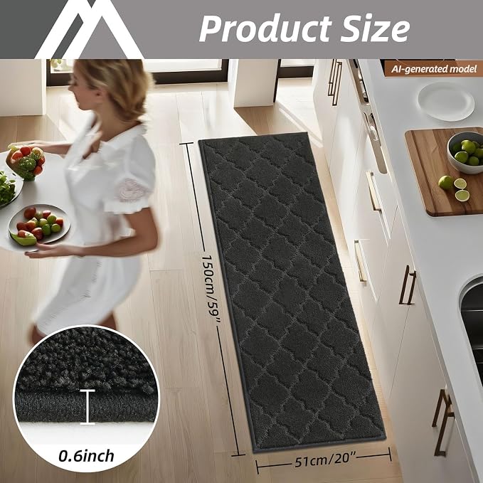 COSY HOMEER Soft Kitchen Rugs and Floor Mats for in Front of Sink Super Absorbent 20"x59" Non-Skid Standing Washable,Polyester,Black