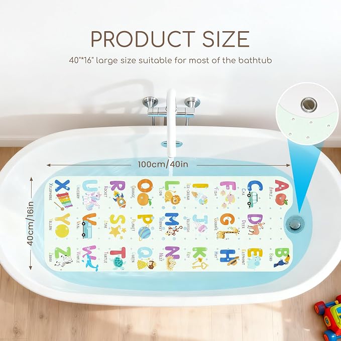 Baby Bath Mat for Tub, Non Slip Kids Bath Shower Mat, 40 X 16 Inch Large Bathtub Mat with Drain Holes and Suction Cups for Toddlers, Machine Washable and Waterproof (Alphabet)