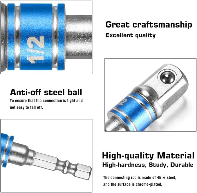 CIGOTU Impact Grade Socket Adapter/Extension Set Turns Power Drill Into High Speed Nut Driver,1/4-Inch Hex Shank to Drive for Adapters to Use with Drill Chucks, Sizes 1/4" 3/8" 1/2", Cr-V, 3-Piece