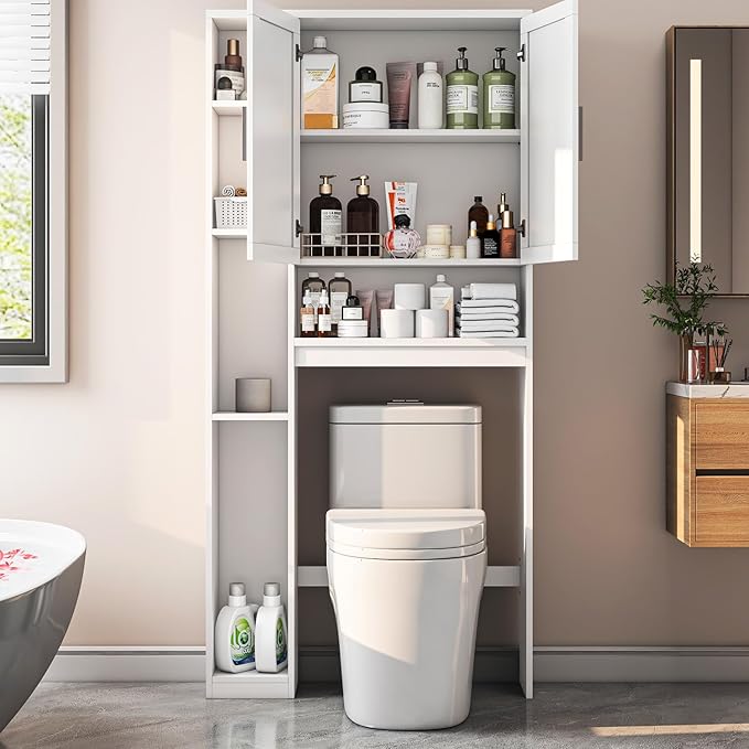 Over The Toilet Storage Cabinet with 7 Storage Shelves, Above Toilet Bathroom Organizer with Toilet Paper Holder Stand, Behind Toilet Cabinet, Space Saver for Restroom, Bathroom, Laundry, White