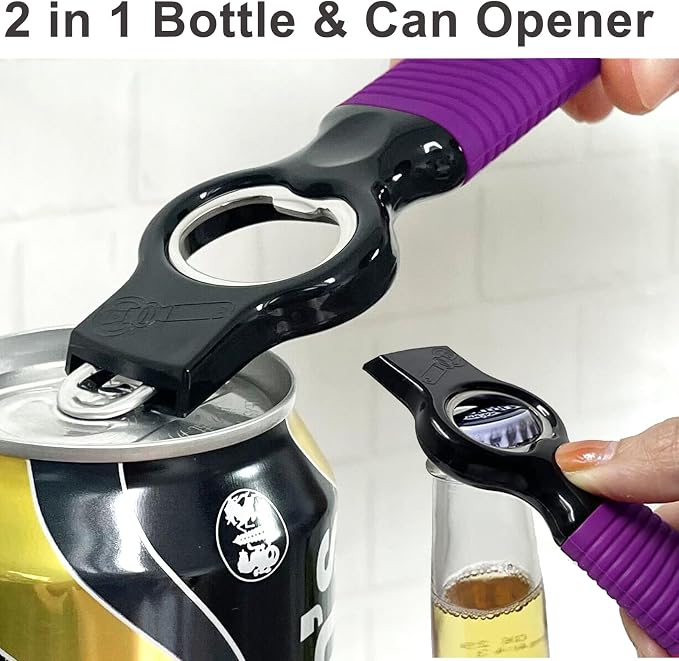 2-Pack Soda Can Opener and Beer Bottle Opener Bartender with Good Grip Silicone Handle, Pop Top Can Tab Opener for Long Nails, Bottle Opener for Arthritic Hand and Seniors, Purple