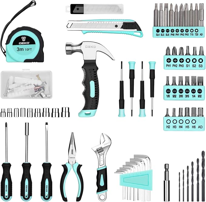 DEKOPRO Drill Set: Tool Set with 8V Cordless Drill, Home Tool Kit with Drill, Hand Tool Kits for Women 126 Piece, Turquoise