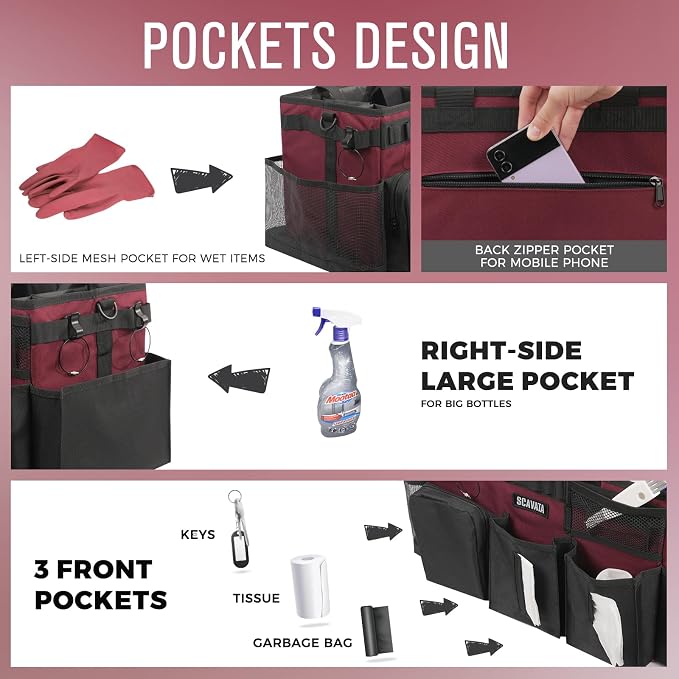 SCAVATA Wearable Cleaning Caddy Bag, Cleaning Caddy Supplies Organizer with Handle & Shoulder Straps for Housekeepers, Under Sink & Car Cleaning Tool Organizers with 4 Foldable Divider (Magenta)
