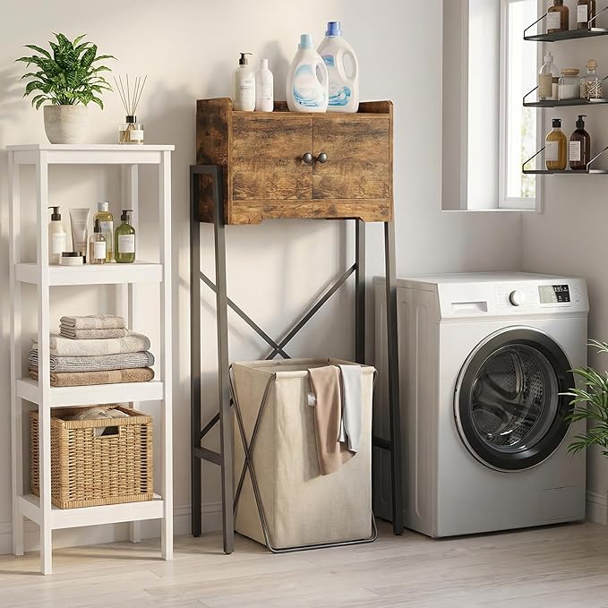YATINEY Over The Toilet Storage Cabinet, Freestanding Above The Toilet Storage Cabinet, Over The Toilet Storage Rack with X-Shaped Back Support, for Bathroom, Laundry, Rustic Brown and Black TR04BR