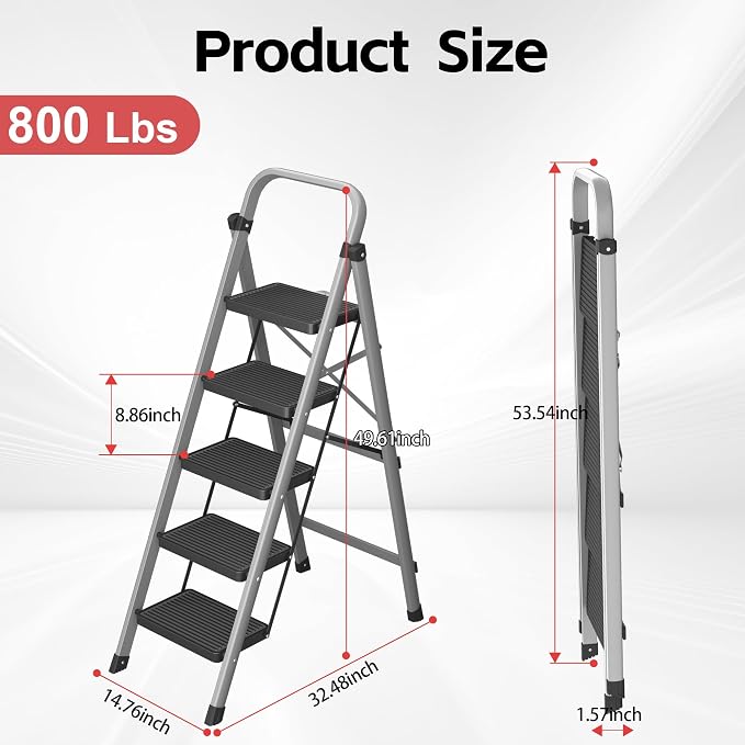 DIAMONDFORGE 5-Step Foldable Step Ladder Stool with Handle, Anti-Slip Wide Pedals & Feet, 800lbs Capacity, Sturdy Stepstool Folding for Adults in Home & Kitchen Use - Silver Gray
