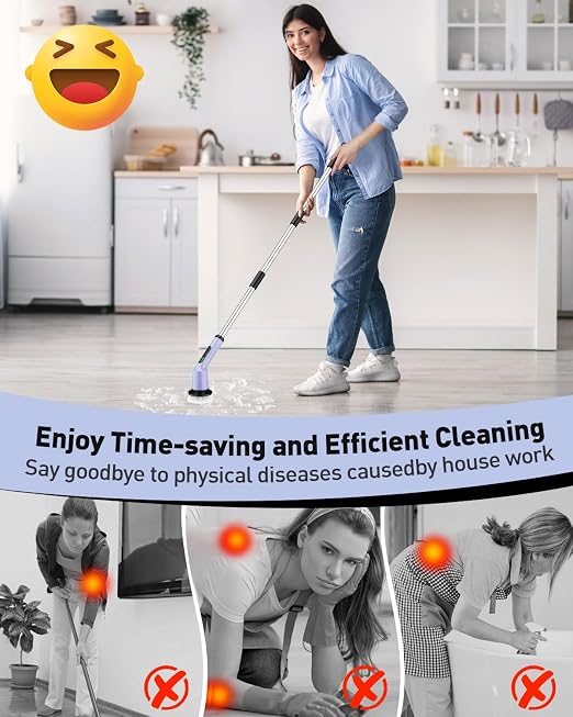 Shower Scrubber with Long Handle, Shower Cleaner Brush with 8 Floor Machine Pads, Cordless Electric Spin Scrubber for Cleaning with 2 Speed, Cleaning Supplies for Bathroom Bathtub Kitchen Floor Toilet