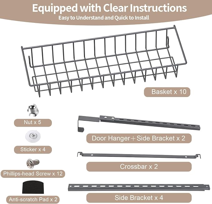 ElegantArray 10-Tier Pantry Door Oragnizer, Over The Door Pantry Organizer Rack and Storage, Hanging Spice Rack Shelves Door, Home Office Laundry Room Bathroom & Kitchen Organization, Deep Gray