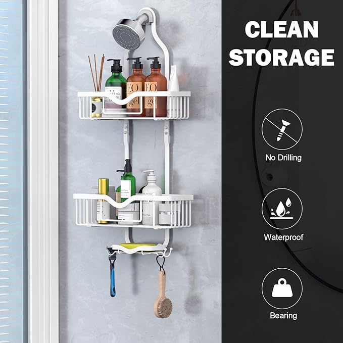 Shower Caddy Hanging, Bathroom Shower Rack, Bathroom Organizer with Soap Dish, Over The Showerhead Caddy with Hooks for Razor/Sponge, Soft White (Assembly Required)